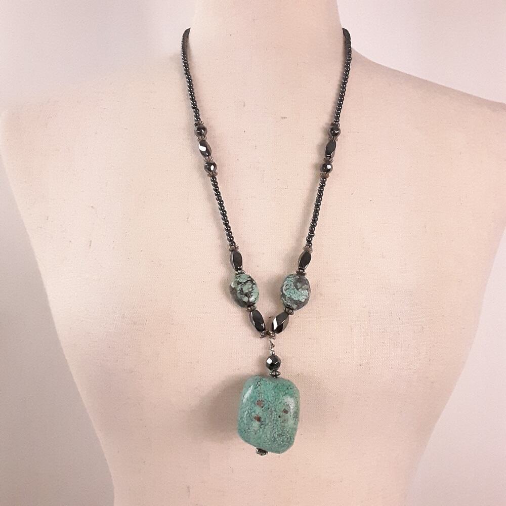 Turquoise Large Stone Hematite Necklace Faceted Beads Baubles Handmade Nice!